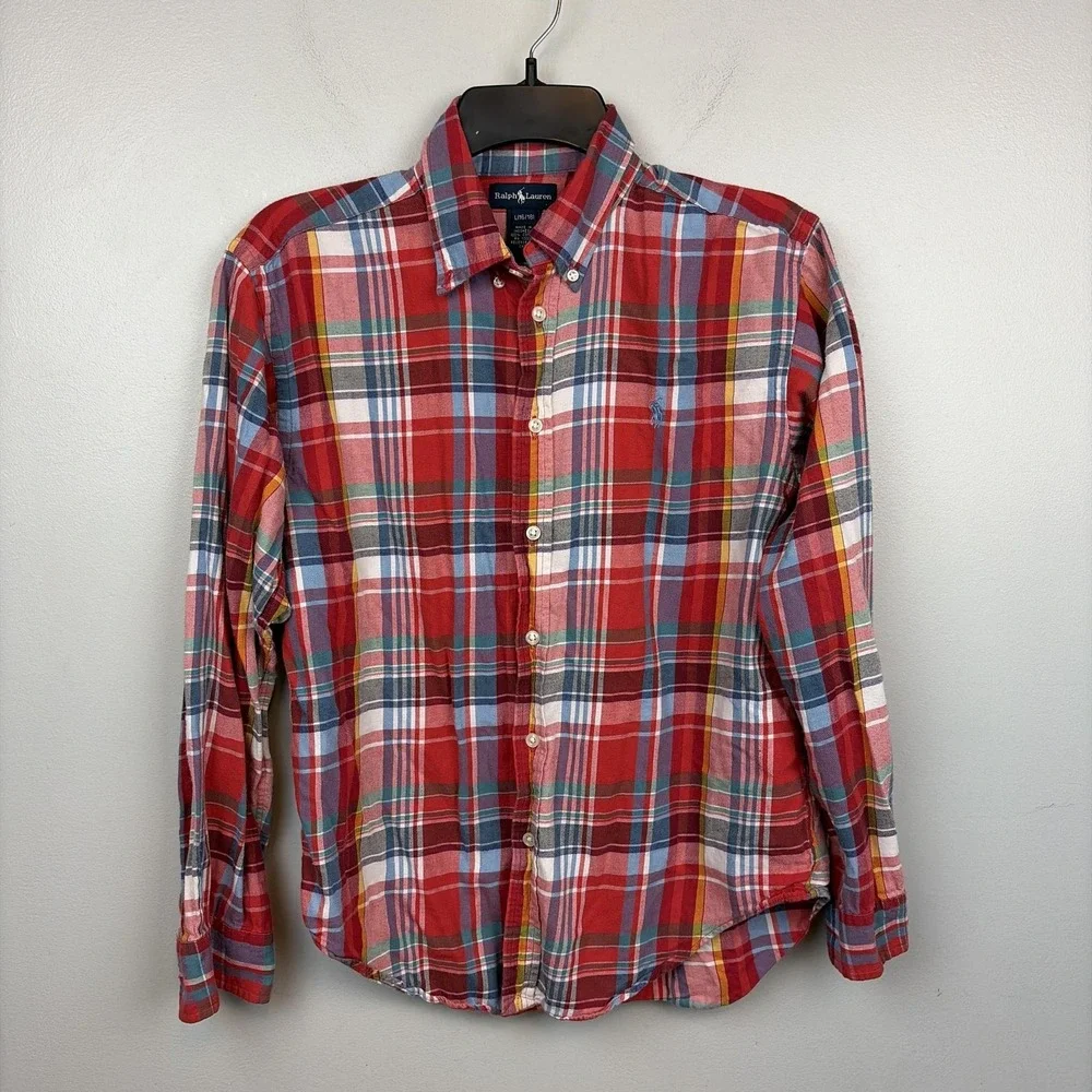 Ralph Lauren Shirt Boys 16 L Red Plaid Long Sleeve Button Down Cotton‎ Pony
